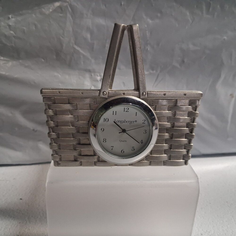 Longaberger Pewter Basket Desk Clock 3" Made In USA Vintage Decor NOT WORKING